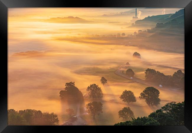 Golden Valley mist at sunrise, Peak District Framed Print by John Finney