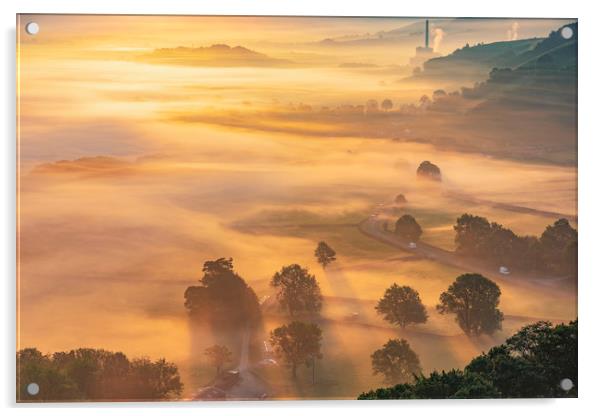 Golden Valley mist at sunrise, Peak District Acrylic by John Finney
