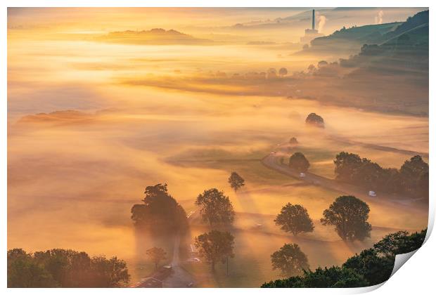Golden Valley mist at sunrise, Peak District Print by John Finney