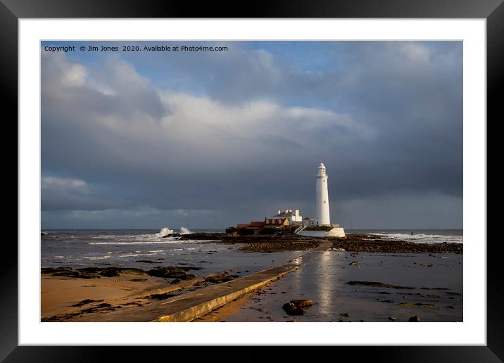 St Mary's Lighthouse lit up in sunshine Framed Mounted Print by Jim Jones