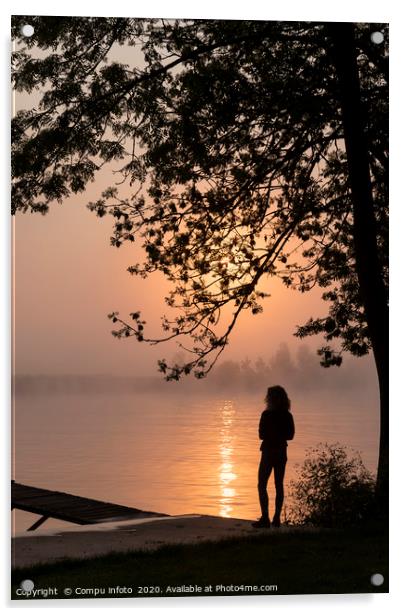 silhouette girl at wooden jetty sunrise over the r Acrylic by Chris Willemsen