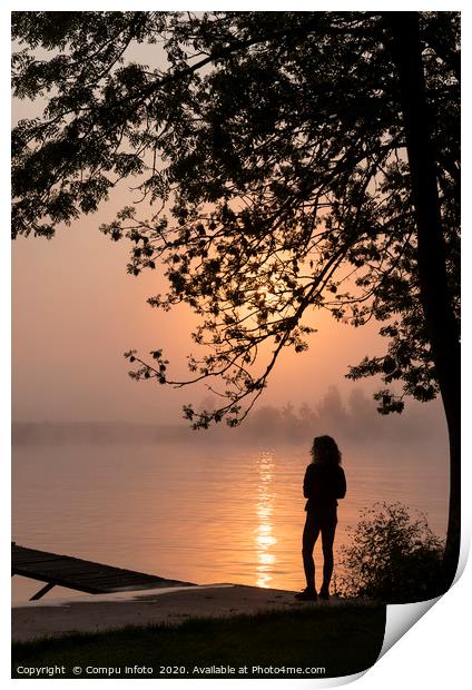silhouette girl at wooden jetty sunrise over the r Print by Chris Willemsen
