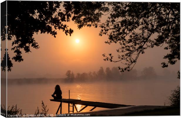 silhouette girl at wooden jetty sunrise over the r Canvas Print by Chris Willemsen