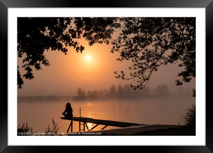silhouette girl at wooden jetty sunrise over the r Framed Mounted Print by Chris Willemsen