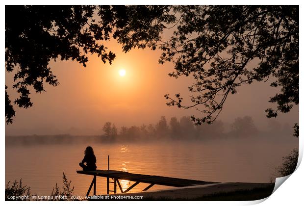 silhouette girl at wooden jetty sunrise over the r Print by Chris Willemsen