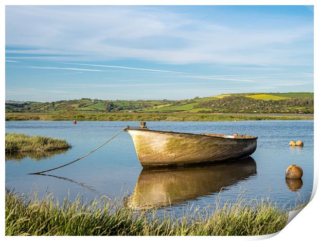Boat on Laugharne Estuary, Carmarthenshire. Print by Colin Allen