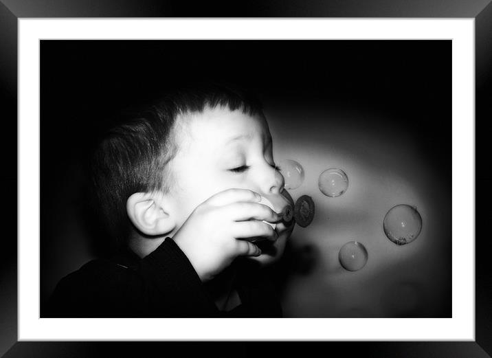 The Boy Who Blew Bubbles Black and White Framed Mounted Print by Simon Gladwin