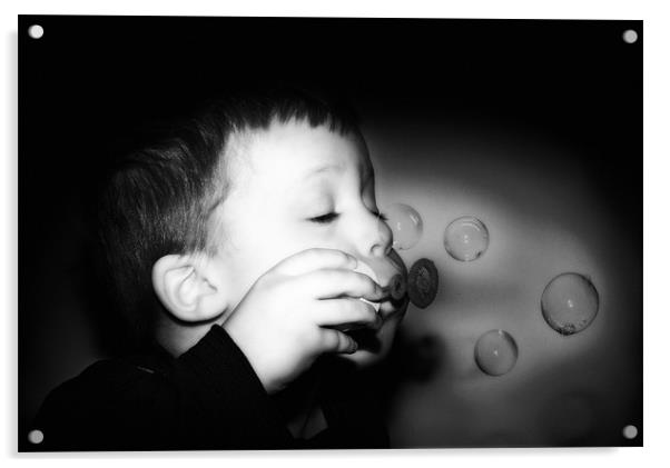 The Boy Who Blew Bubbles Black and White Acrylic by Simon Gladwin