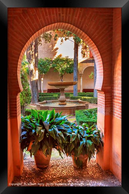 Alhambra Arch Courtyard Fountain Patio Granada And Framed Print by William Perry