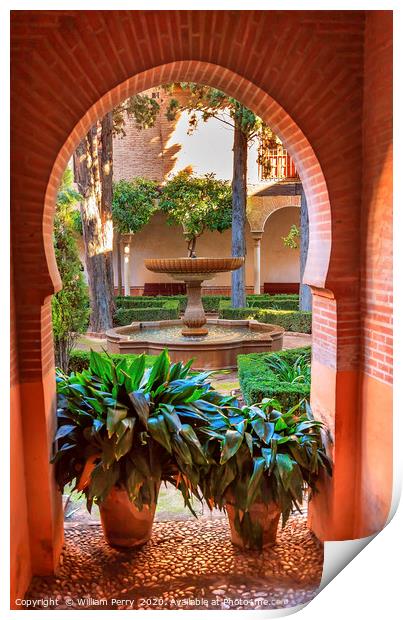 Alhambra Arch Courtyard Fountain Patio Granada And Print by William Perry