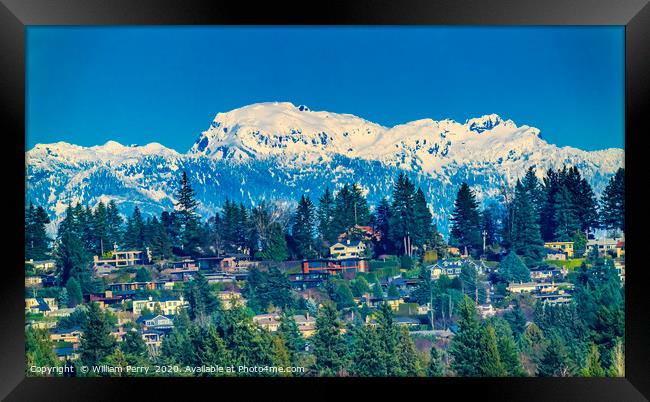 Houses Lake Washington Snow Capped Mountains Belle Framed Print by William Perry