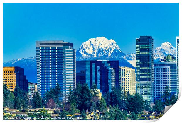 Buildings City Center Snow Capped Mountains Bellev Print by William Perry