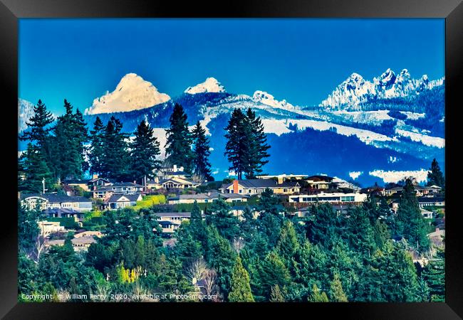 Houses Snow Capped Mountains Bellevue Washington Framed Print by William Perry