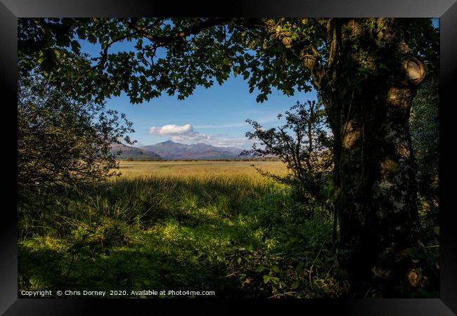 View of Snowdonia from Traeth Glaslyn Nature Reser Framed Print by Chris Dorney