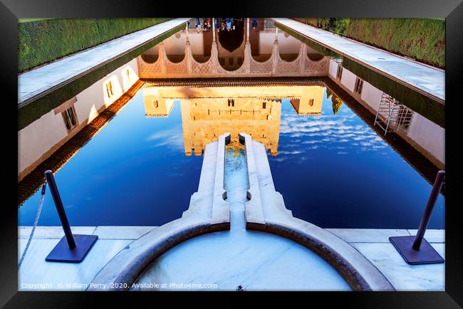 Alhambra Courtyard Myrtles Pool Reflection Granada Framed Print by William Perry