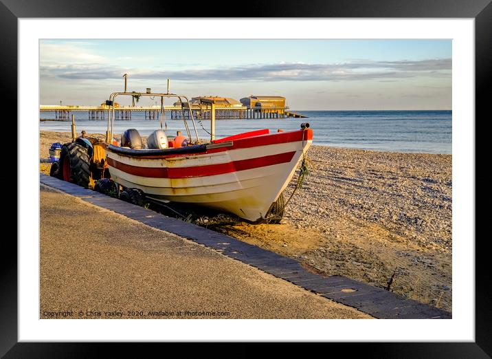 Crab fishing boat on Cromer Beach Framed Mounted Print by Chris Yaxley