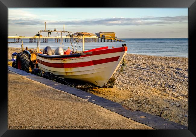 Crab fishing boat on Cromer Beach Framed Print by Chris Yaxley