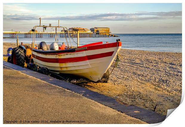 Crab fishing boat on Cromer Beach Print by Chris Yaxley