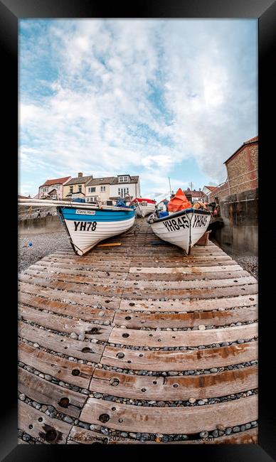 Fisheye view of fishing boats on a wooden slipway  Framed Print by Chris Yaxley