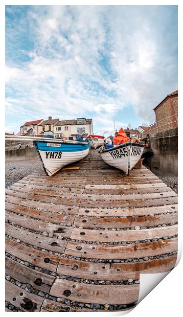Fisheye view of fishing boats on a wooden slipway  Print by Chris Yaxley