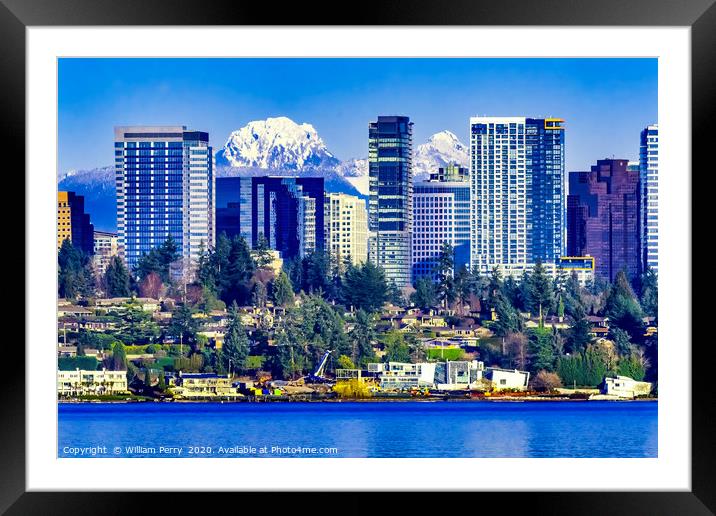 Buildings Lake Washington Snow Mountains Bellevue  Framed Mounted Print by William Perry