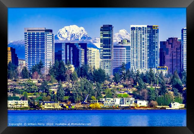 Buildings Lake Washington Snow Mountains Bellevue  Framed Print by William Perry