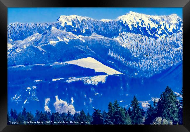 Snow Capped Mountains Bellevue Washington Framed Print by William Perry