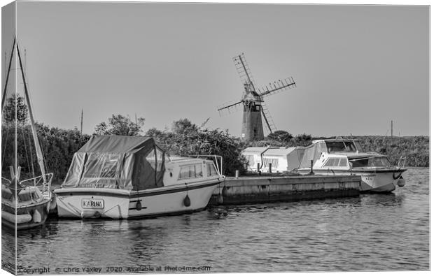 Boats moored at Thurne Mouth, Norfolk Broads bw Canvas Print by Chris Yaxley