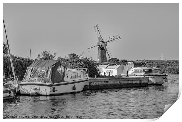 Boats moored at Thurne Mouth, Norfolk Broads bw Print by Chris Yaxley