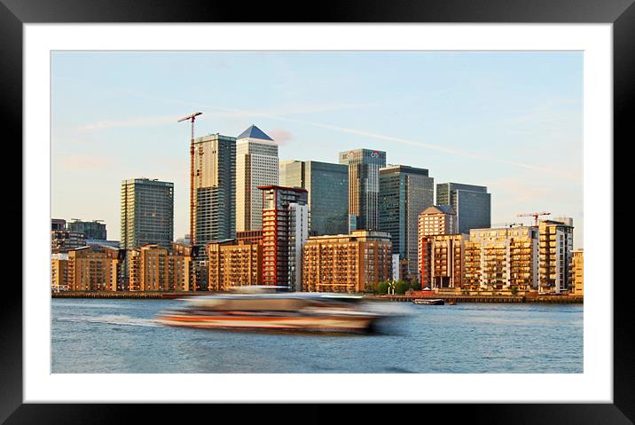 Canary Wharf, Thames Clipper Framed Mounted Print by Linsey Pluckrose
