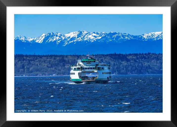 Washington State Ferry Boat Olympic Mountain Range Framed Mounted Print by William Perry