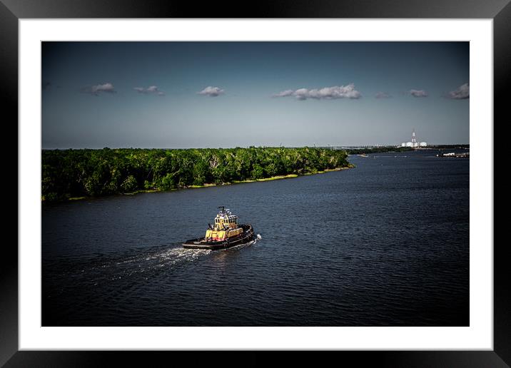 Dark Tugboat on River Framed Mounted Print by Darryl Brooks
