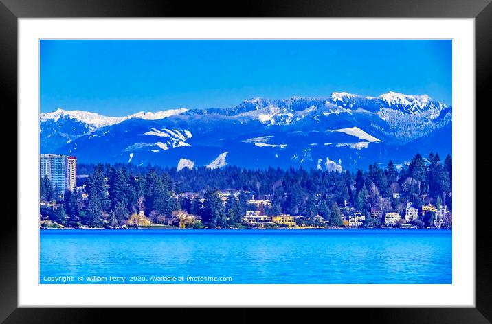 Lake Washington Snow Capped Mountains Bellevue Washington Framed Mounted Print by William Perry