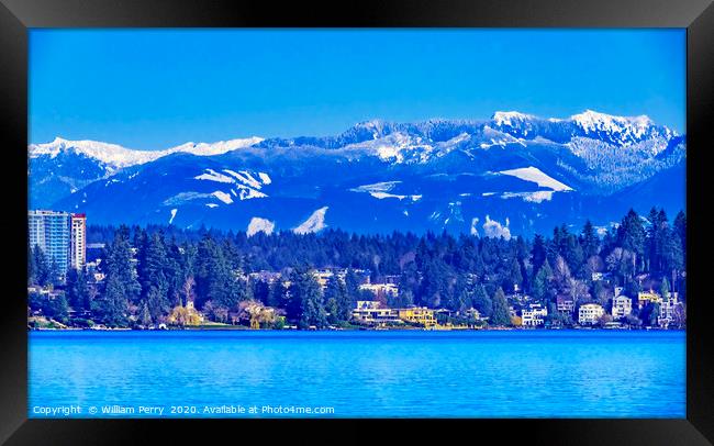Lake Washington Snow Capped Mountains Bellevue Washington Framed Print by William Perry