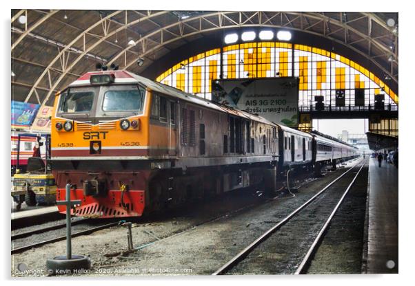 Diesel locomotive with carriages in Hua Lampong  Acrylic by Kevin Hellon
