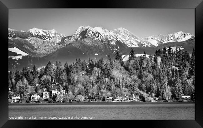 Black and White Lake Washington Bellevue Washingto Framed Print by William Perry