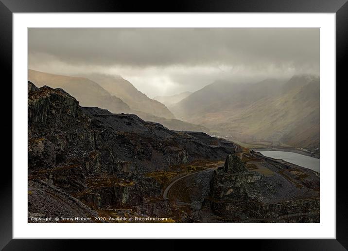 Looking down at Dinorwic Slate Quarry on a misty m Framed Mounted Print by Jenny Hibbert