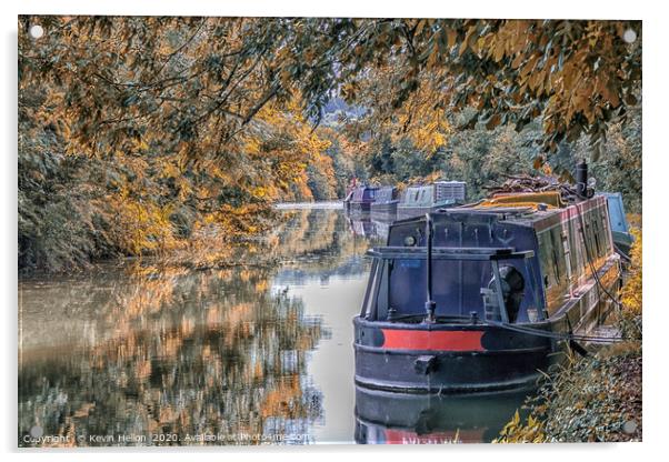 Narrowboats moored on  the Grand Union canal  Acrylic by Kevin Hellon