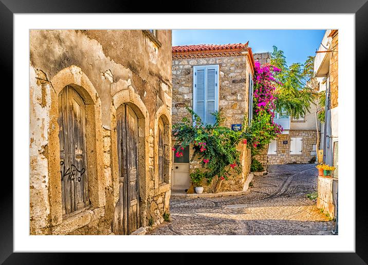 Cobbled street in Alacati Framed Mounted Print by Kevin Hellon
