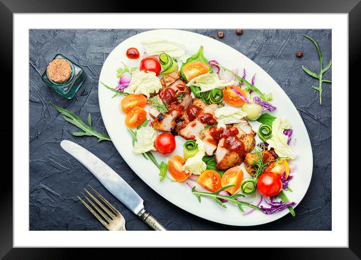 Salad with vegetables and meat steak Framed Mounted Print by Mykola Lunov Mykola