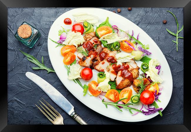 Salad with vegetables and meat steak Framed Print by Mykola Lunov Mykola
