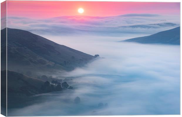 Sunrise over flowing fog above Edale Valley Canvas Print by John Finney