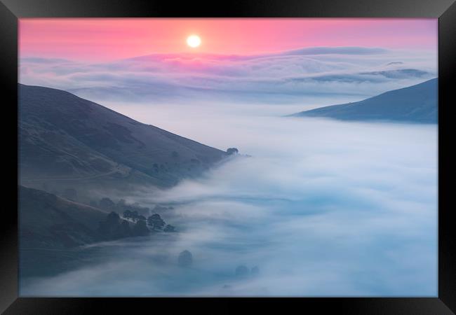 Sunrise over flowing fog above Edale Valley Framed Print by John Finney