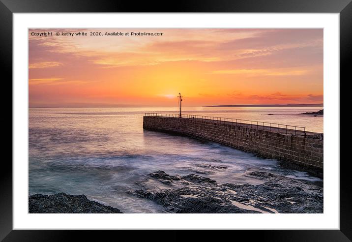Porthleven Cornwall,red sky at night ,sunset Framed Mounted Print by kathy white
