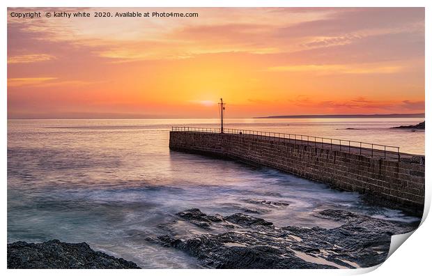 Porthleven Cornwall,red sky at night ,sunset Print by kathy white