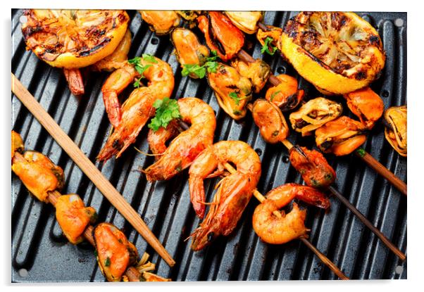 Grilled shrimp and mussels skewers Acrylic by Mykola Lunov Mykola
