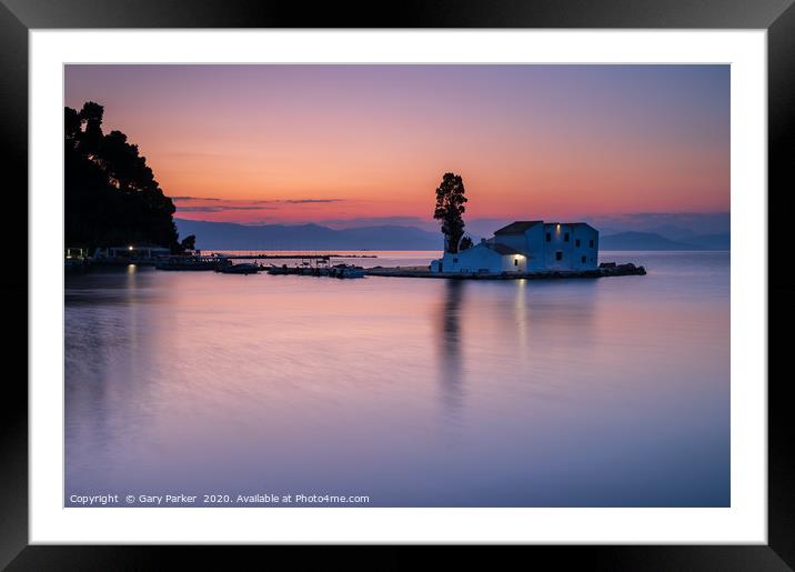 Vlacherna Monastery Corfu, Greece, at sunrise.	  Framed Mounted Print by Gary Parker