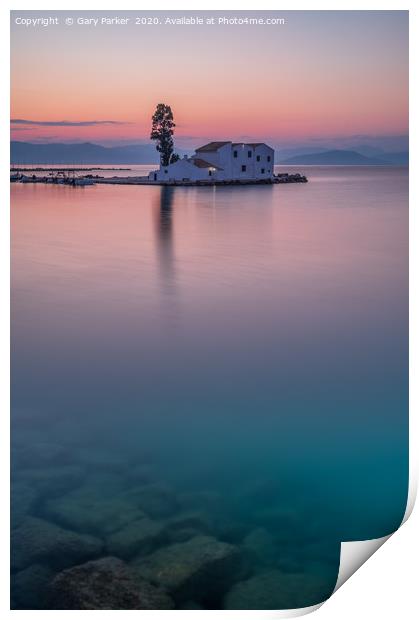 Vlacherna Monastery Corfu, Greece, at sunrise Print by Gary Parker