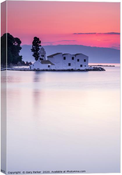 Vlacherna Monastery Corfu, Greece, at sunrise.	  Canvas Print by Gary Parker