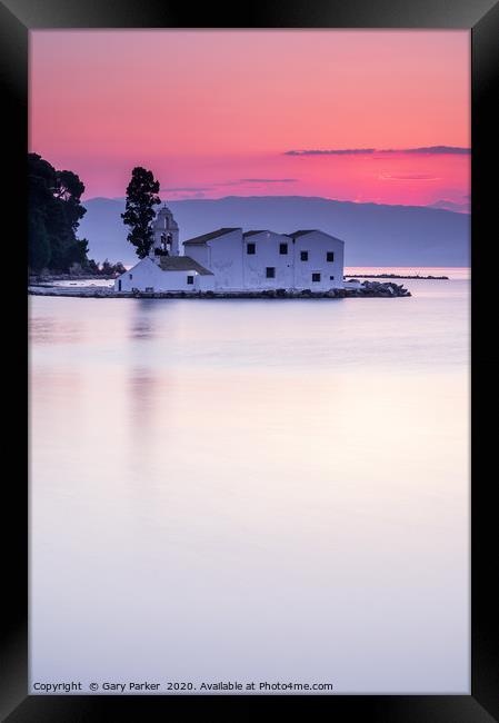 Vlacherna Monastery Corfu, Greece, at sunrise.	  Framed Print by Gary Parker